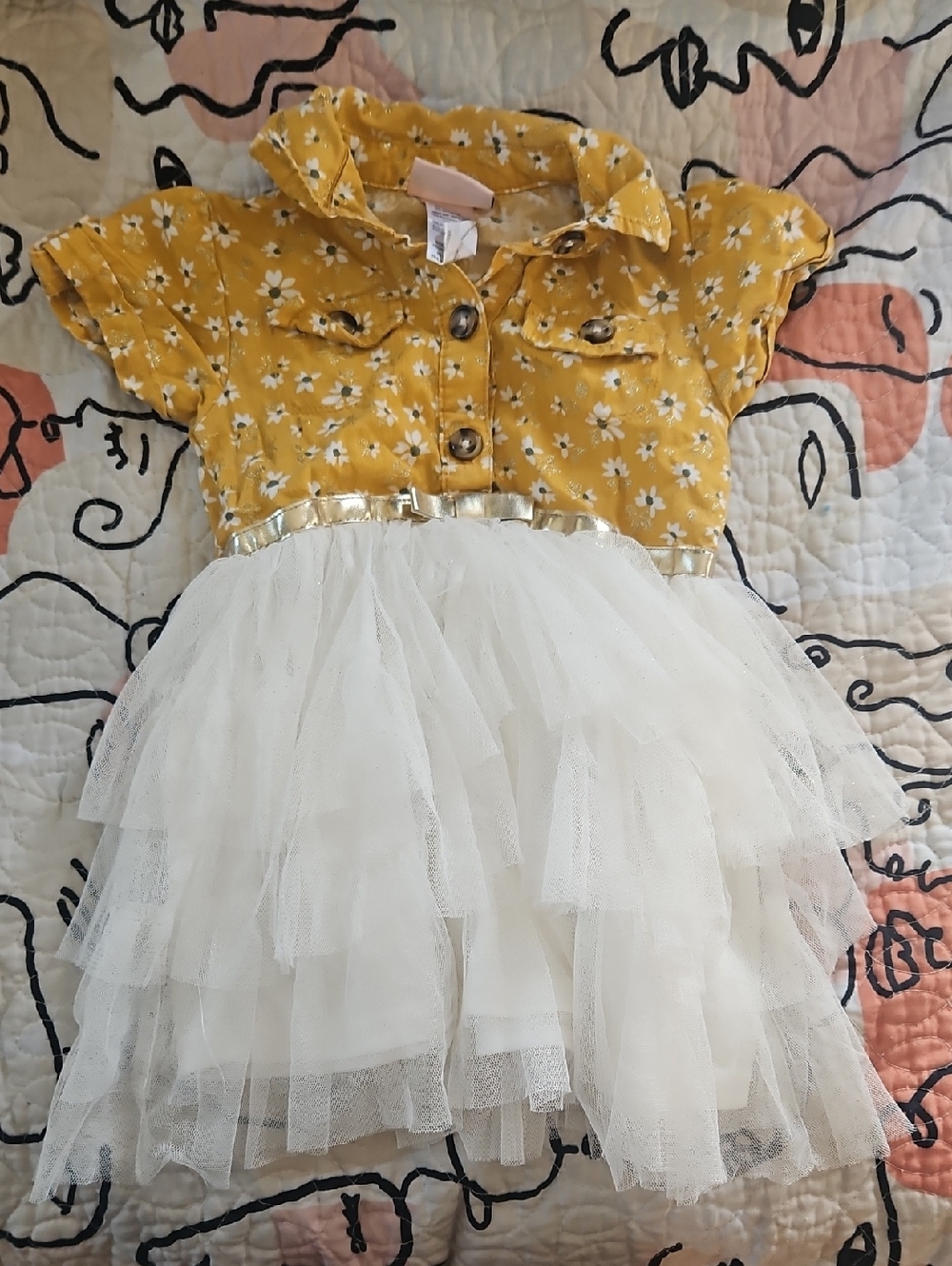Little Lass Yellow Floral Button-Front Dress with Gold Accents
